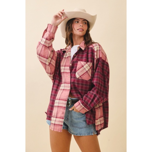 Pink Mauve Kambrie Button Down Plaid Patchwork Flannel Casual Shirt - Picture 2 of 8